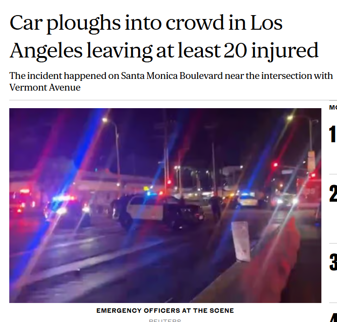 EricEatsPickles's tweet image. "Vehicle drives into Los Angeles crowd"
"Car ploughs into crowd in Los Angeles"
@Guardian & @StandardNews, a driver was involved here. Your reporting - which completely omits any mention of a driver - is a craven & blatant attempt to erase driver agency & absolve them of blame.