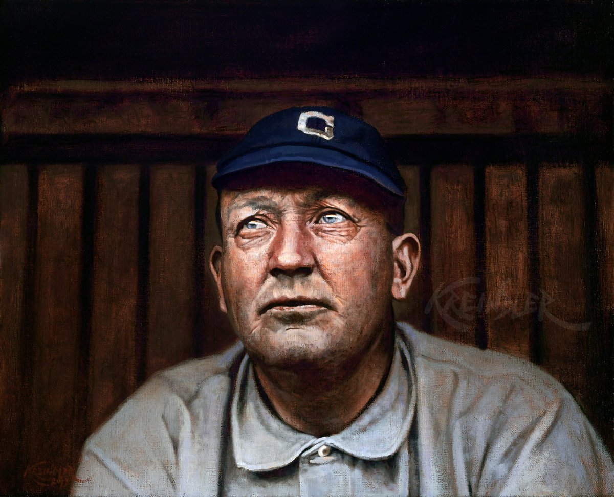 GraigKreindler's tweet image. #OTD in 1910, Cy Young and the Naps beat the Senators in 11 innings at American League Park, 5-4. It was the 500th career win for the old man. 500th. Okay. Here's my painting of him with Cleveland that same year, based on the photography of Paul Thompson’s The Article Syndicate.