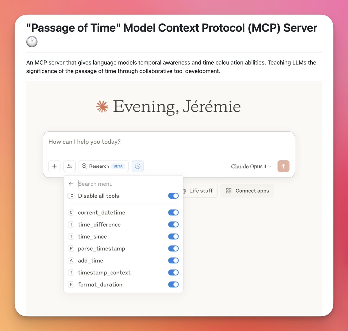 🔥 'Passage of Time' MCP server

&gt;&gt; gives llms the ability to reason about time