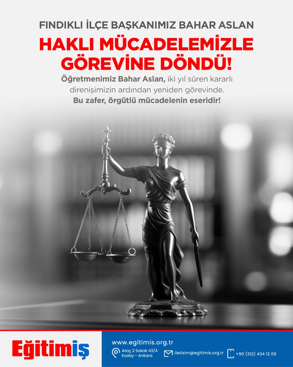 egitimis's tweet photo. İki yıl önce, dönemin Fındıklı Kaymakamı ve Fındıklı İlçe Milli Eğitim Müdürü’nün “İmam Hatip iklimine ve ruhuna uygun değil” gibi akla ziyan ifadeleri ve Rize Milli Eğitim Müdürlüğü’nün idarenin hukuksuz soruşturmaları sonucunda görevinden alınan; Başöğretmenimiz Mustafa Kemal Atatürk’ün tarif ettiği gerçek bir Cumhuriyet öğretmeni olan Eğitim-İş Rize Fındıklı İlçe Başkanımız Bahar Aslan, uzun ve onurlu bir mücadelenin ardından görevine döndü.

Açıklamanın tamamını okumak için tıklayınız;
https://t.co/mFYCYeP9nE