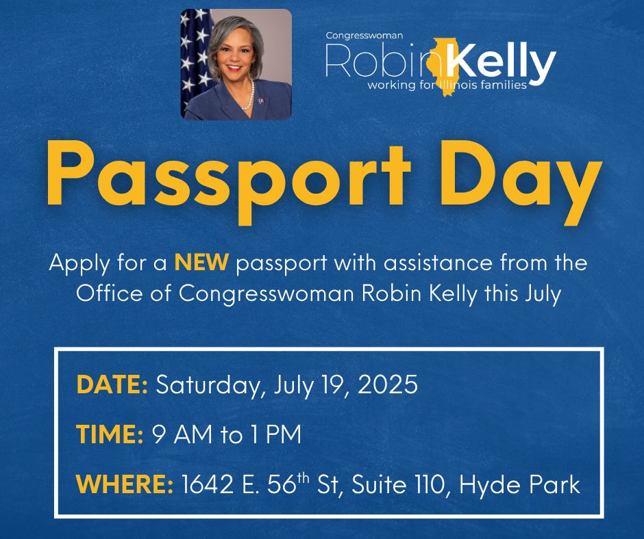 RepRobinKelly's tweet image. 📣 Happening TODAY! Join us until 1 PM for our Chicago Passport Event – we're here to help first-time applicants AND those looking to renew their passports. 🛂✈️
📍Have questions? Call us at 773-321-2001 – we’ve got you covered!