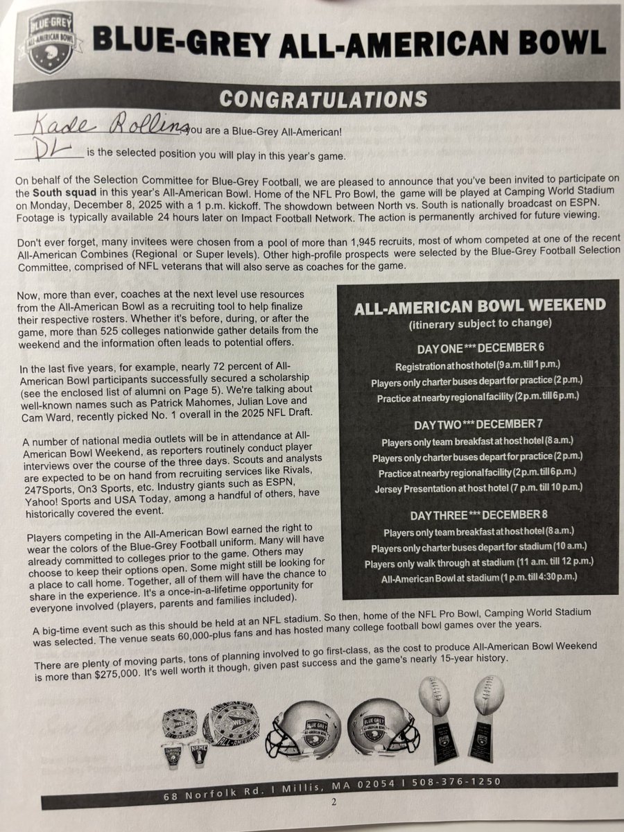 Kade Rollins (@kade_rollins141) on Twitter photo Thankful to be invited to the Blue-Grey All-American Bowl!
<a href="/EscambiaFb/">Escambia Gators Football</a> <a href="/MikeBennett3610/">Mike Bennett</a> <a href="/kevinrollins443/">Kevin Rollins</a> <a href="/OC_BrettB/">Brett Bennett</a> <a href="/BLester1993/">Brian Lester</a> <a href="/dowork_sports/">DoWork_Sports LLC</a> <a href="/BlueGreyFB/">Blue-Grey All-American Bowl</a> Thankful to be invited to the Blue-Grey All-American Bowl!
<a href="/EscambiaFb/">Escambia Gators Football</a> <a href="/MikeBennett3610/">Mike Bennett</a> <a href="/kevinrollins443/">Kevin Rollins</a> <a href="/OC_BrettB/">Brett Bennett</a> <a href="/BLester1993/">Brian Lester</a> <a href="/dowork_sports/">DoWork_Sports LLC</a> <a href="/BlueGreyFB/">Blue-Grey All-American Bowl</a>