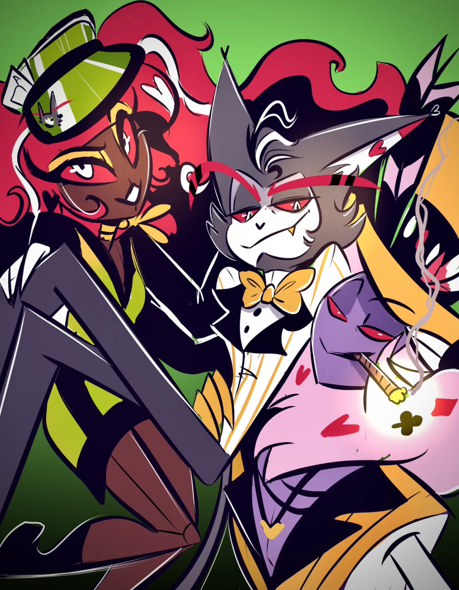 faeymouse's tweet image. Doodle of the Vees led by Husk in the #bartendervox AU! Quick little fun experiment to see how the outfits might look with a more yellow color scheme and casino-y bits.
#hazbinhotelfanart