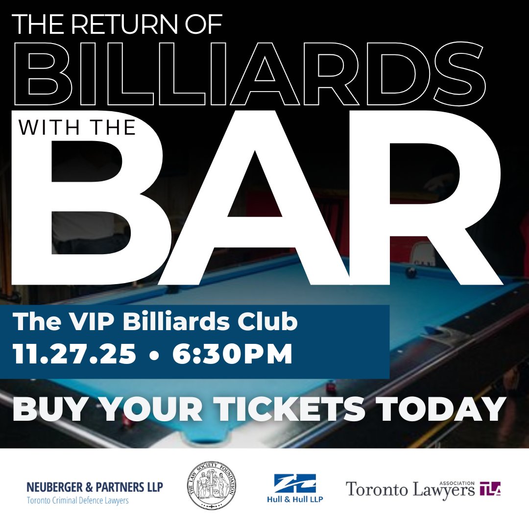 NeubergerLaw's tweet image. #BilliardswiththeBar is back!
The VIP Billiards Club
Thursday, November 27, 2025
6:30 PM
🎟️ Feed the Hungry: heyor.ca/HHuZhN
Proceeds: Law Society Foundation’s hunger relief program, serving 56,000+ meals to those in need in Toronto.