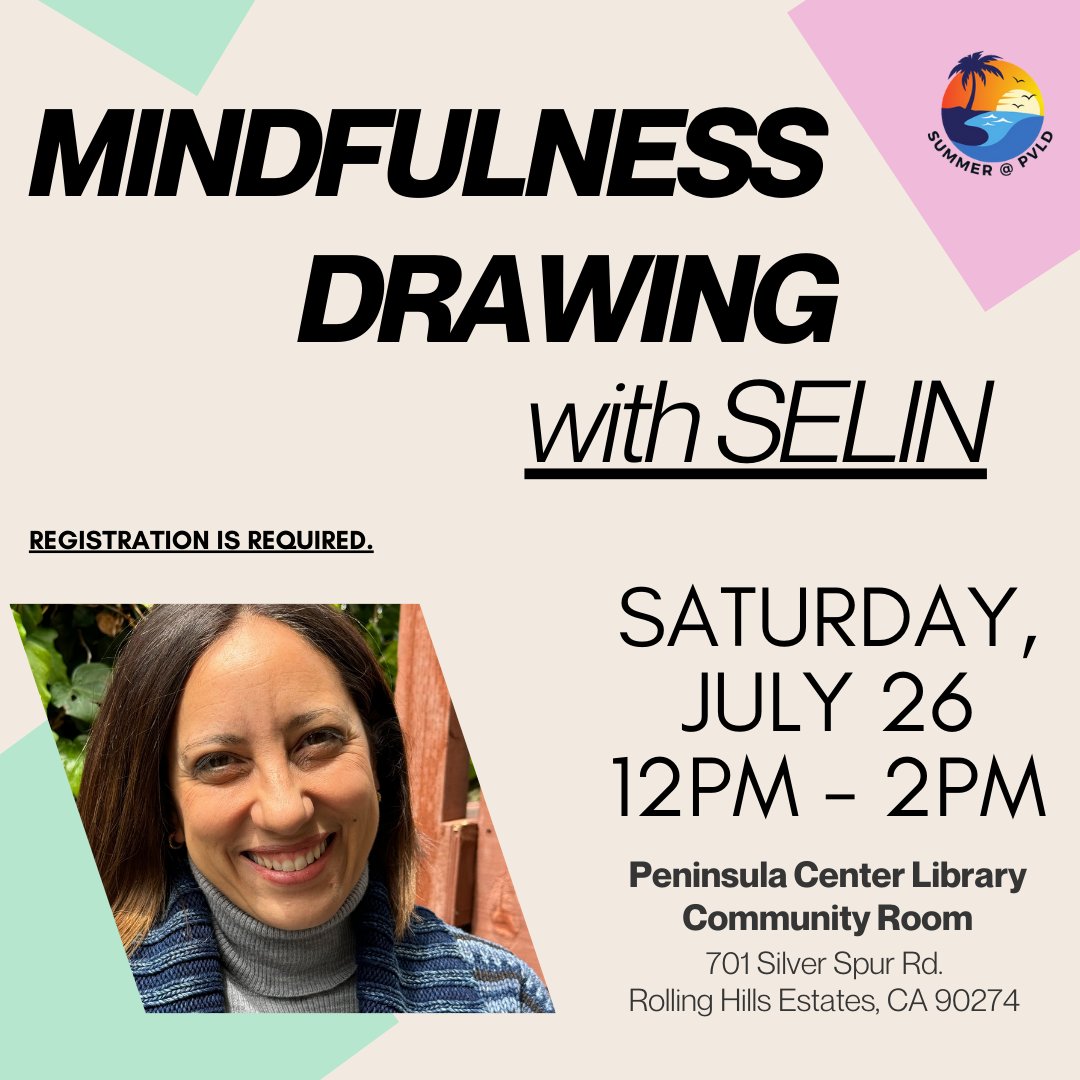 Unlock your creativity and tap into your inner calm with Selin Agdere on Saturday, July 26th, from 12:00 PM to 2:00 PM at the Peninsula Center Library Community Room! Experience her blend of nature-inspired, mindful-drawing and grounding meditations. pvld.libnet.info/event/13501200