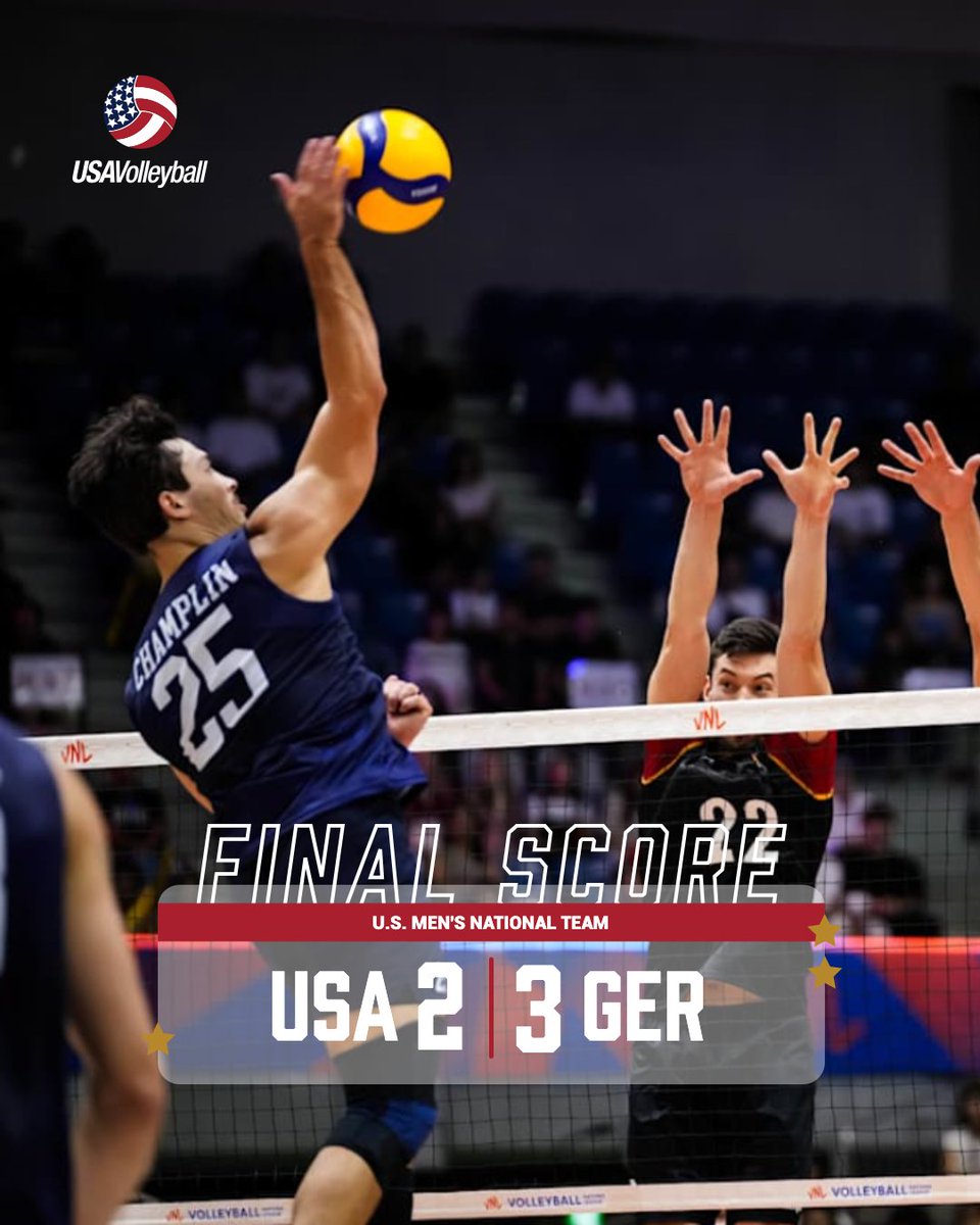 usavolleyball's tweet image. The U.S. Men’s National Team fell to Germany in 5 sets, 3-2 (25-22, 22-25, 17-25, 25-15, 15-12) in its next-to-last Volleyball Nations League match on Saturday in Chiba, Japan. 🇺🇸
Recap 🔗: go.usav.org/71925mnt
📸: FIVB