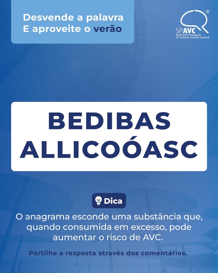 SPAVC_pt's tweet image. 🧩A palavra escondida no anagrama de hoje remete para algo comum em festas, jantares e convívios, mas que deve ser sempre consumido com moderação.
Dê o seu palpite nos comentários e fique atento à revelação!
#SPAVC #DesvendeAPalavraAproveiteOVerão #VerãoComSaúde #PrevençãoAVC