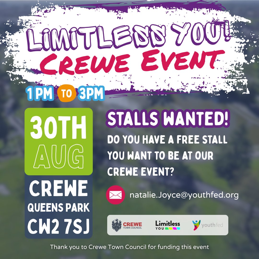 Youth Fed (@youthfederation) on Twitter photo Want to showcase what you do for FREE at our upcoming Crewe Community Event? π
Weβre offering free stall spaces β a great chance to connect, promote, and be part of something amazing!
Interested? Drop Natalie a message at π§ natalie.joyce@youthfed.org Want to showcase what you do for FREE at our upcoming Crewe Community Event? π
Weβre offering free stall spaces β a great chance to connect, promote, and be part of something amazing!
Interested? Drop Natalie a message at π§ natalie.joyce@youthfed.org