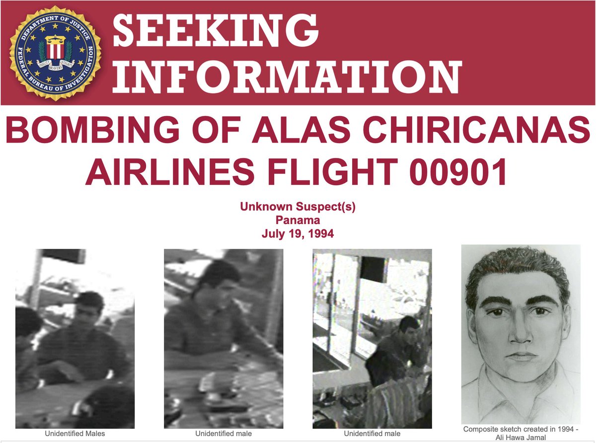FBIMostWanted's tweet image. The FBI seeks info on the bombing of Alas Chiricanas Airlines Flight 00901. On July 19, 1994, the flight left France Field, Colón, Panama, for Panama City, Panama. The flight exploded shortly after takeoff, killing all 21 people on board: fbi.gov/wanted/seeking…