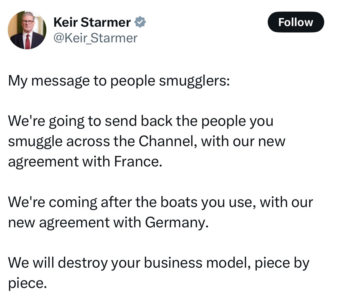 LouCalvey's tweet image. ‘We’re going to send back the people you smuggle’. How about ‘we’re going to help the people you’re exploiting’?
They’re not targeting smugglers; they’re targeting refugees.
And smugglers are already adapting, as they did before when HGVs & Trains were used by them.