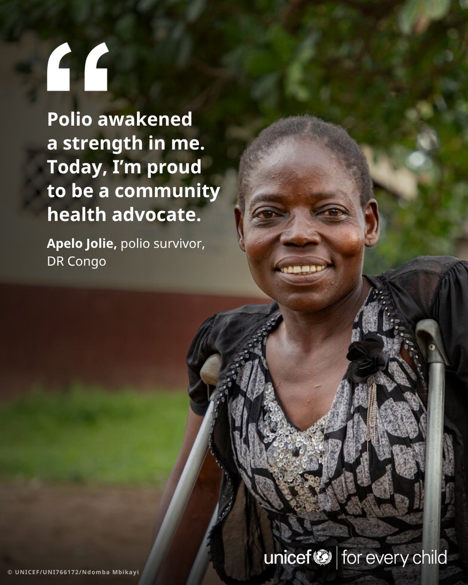 UNICEF's tweet image. Turning pain into purpose 💙
Polio survivors like Apelo in DR Congo are also protectors. Fueled by her lived experience, Apelo is helping parents learn about the importance of vaccinating their children.
unicef.link/3TQU5yv