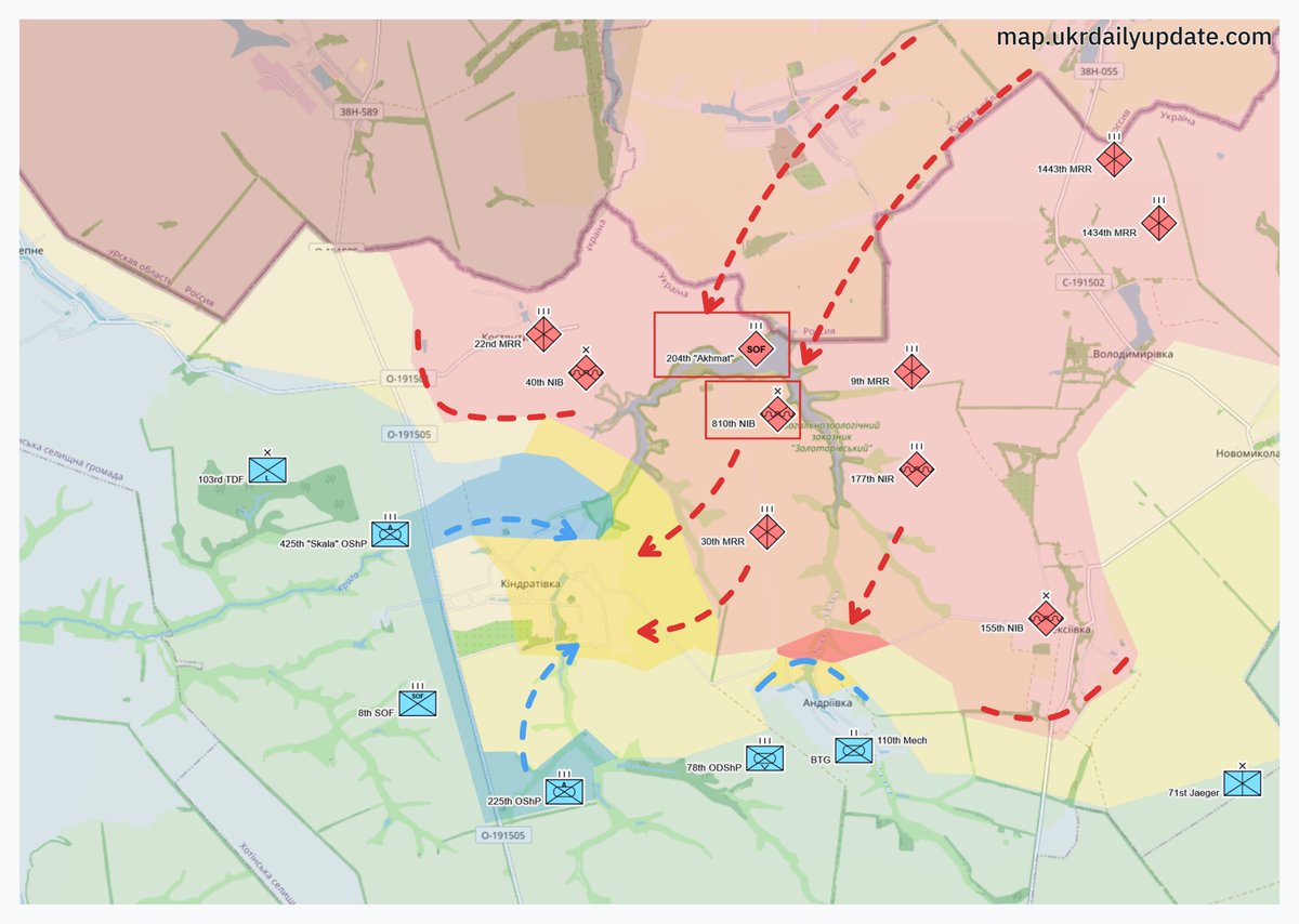 Sumy Update:
In response to Ukrainian counterattacks near Kindrativka and Andriivka, Russian forces are deploying additional reinforcements—the 810th Naval Infantry Brigade and the 204th 'Akhmat' Special Purpose Regiment—in an effort to stabilize the front.