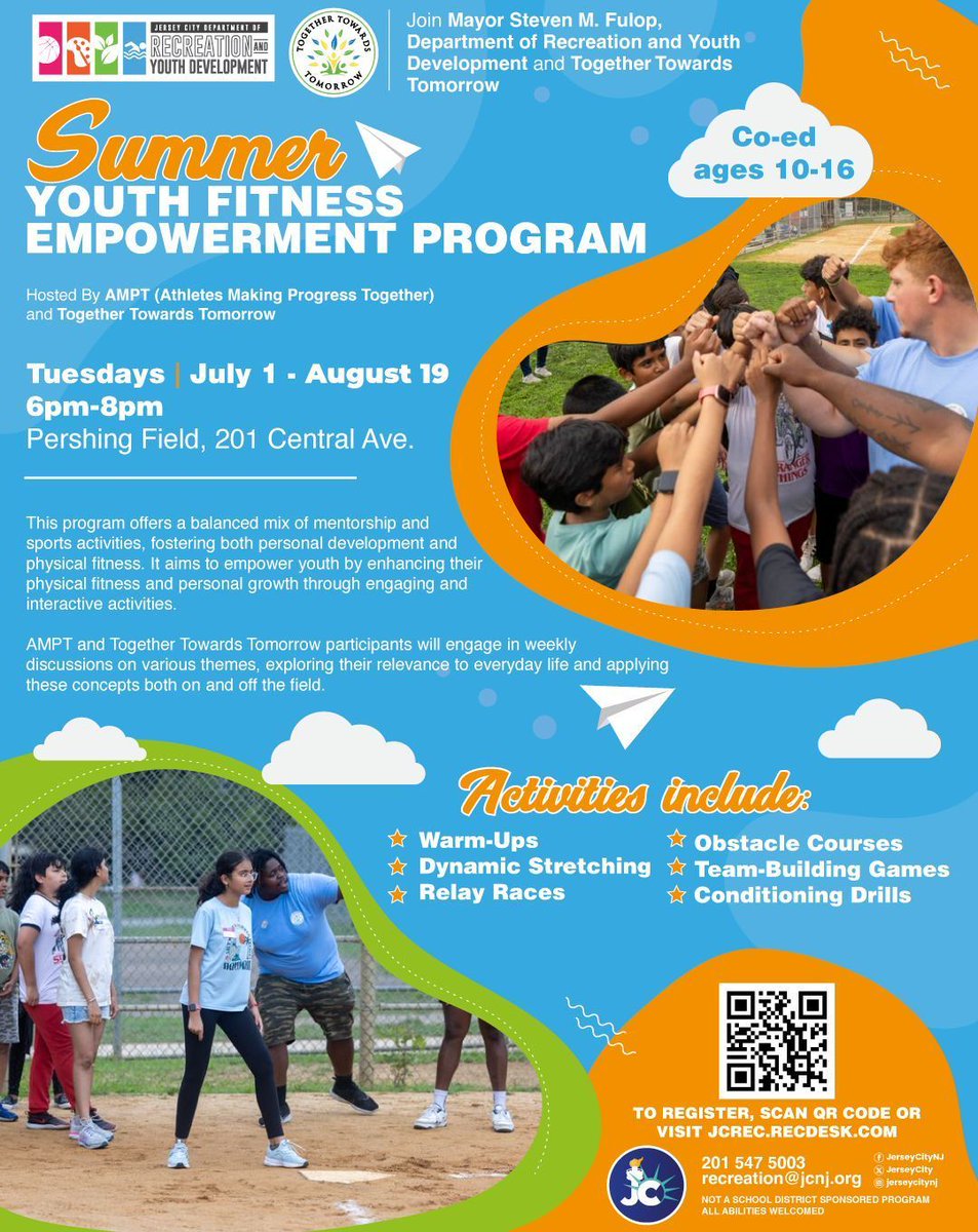 JerseyCity's tweet image. Join us for the Youth Fitness Empowerment Program at Pershing Field, 201 Central Ave for ages 10-16. This program runs every Tuesday, 7/1 - 8/19 and offers a balanced mix of mentorship & activities, fostering personal development & fitness.
See flyer for details!
#JerseyCity