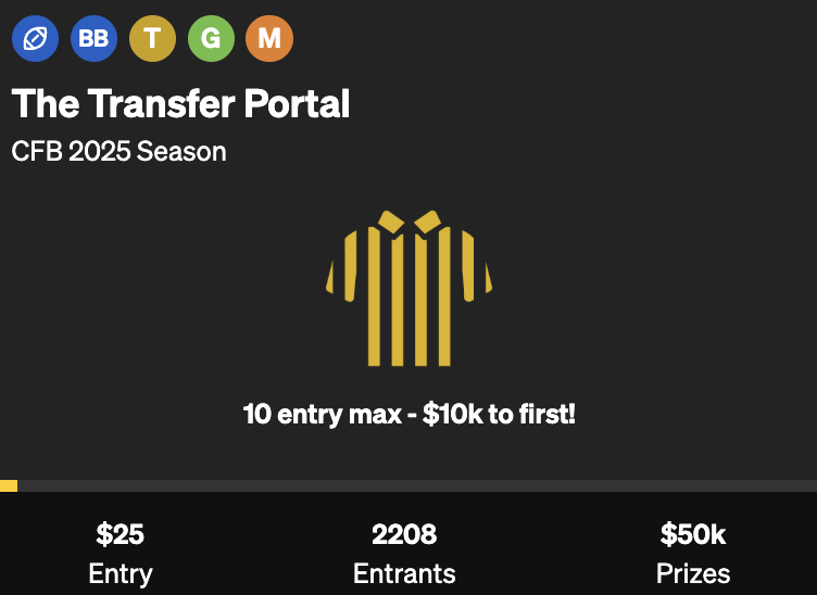 UnderdogDrafts's tweet image. The Transfer Portal is LIVE 🏈
$25 to Enter
$50k in Prizes
$10k to 1st Place