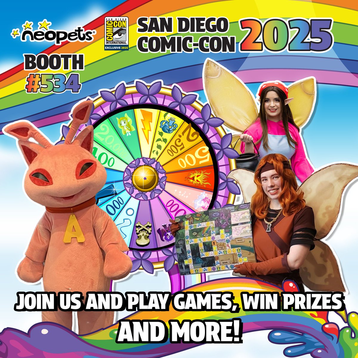Neopets's tweet image. Greetings Neopians! 🌈
SDCC is approaching fast - and Neopets is taking over! 🧨
Visit us at our booth for Exclusive Merch, Photo Ops & Meet and Greets with BEEG AISHA and TNT! You might even meet some of our Community Ambassadors!
⭐ Spin the Wheel of Excitement for a chance…
