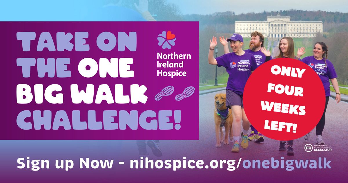 ⏰ Just 4 weeks to go!

Stormont’s turning into a walk-fest on 16 August. One lap? Twelve hours? Fancy dress or PJ chic? There’s no wrong way to do One Big Walk 💜

Every step = hospice support for local families.

🎟 Sign up now:: loom.ly/9pisS58