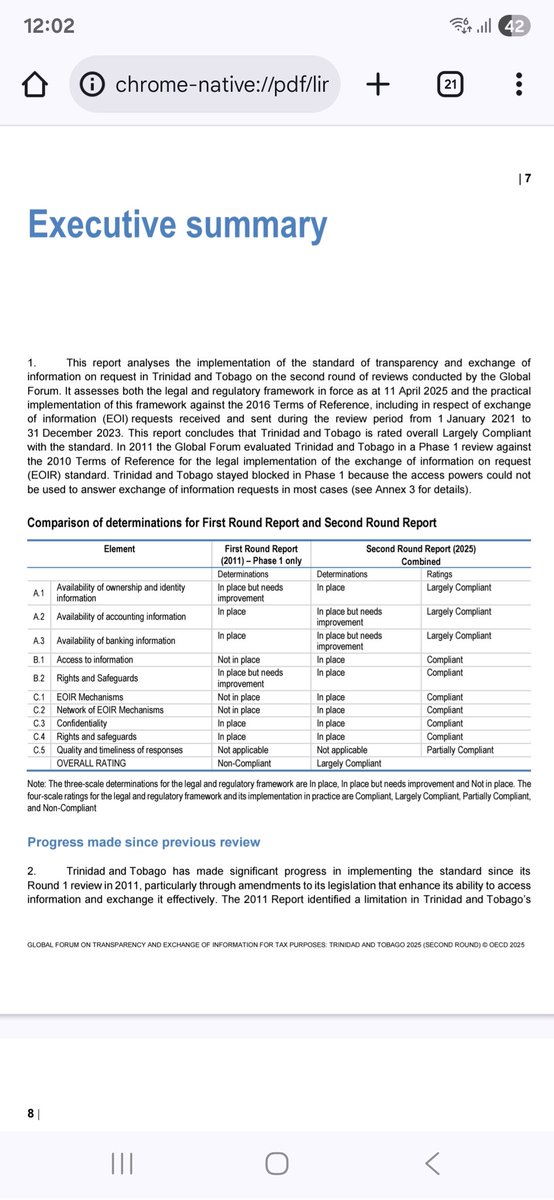 After years of hard work, based on a review of T&amp;T's status up to April 11, 2025, T&amp;T was just determined by the Global Forum on Transparency and Exchange of Tax Information to be LARGELY COMPLIANT with the OECD standard!! We are on our way to removal from the GF/EU blacklists!
