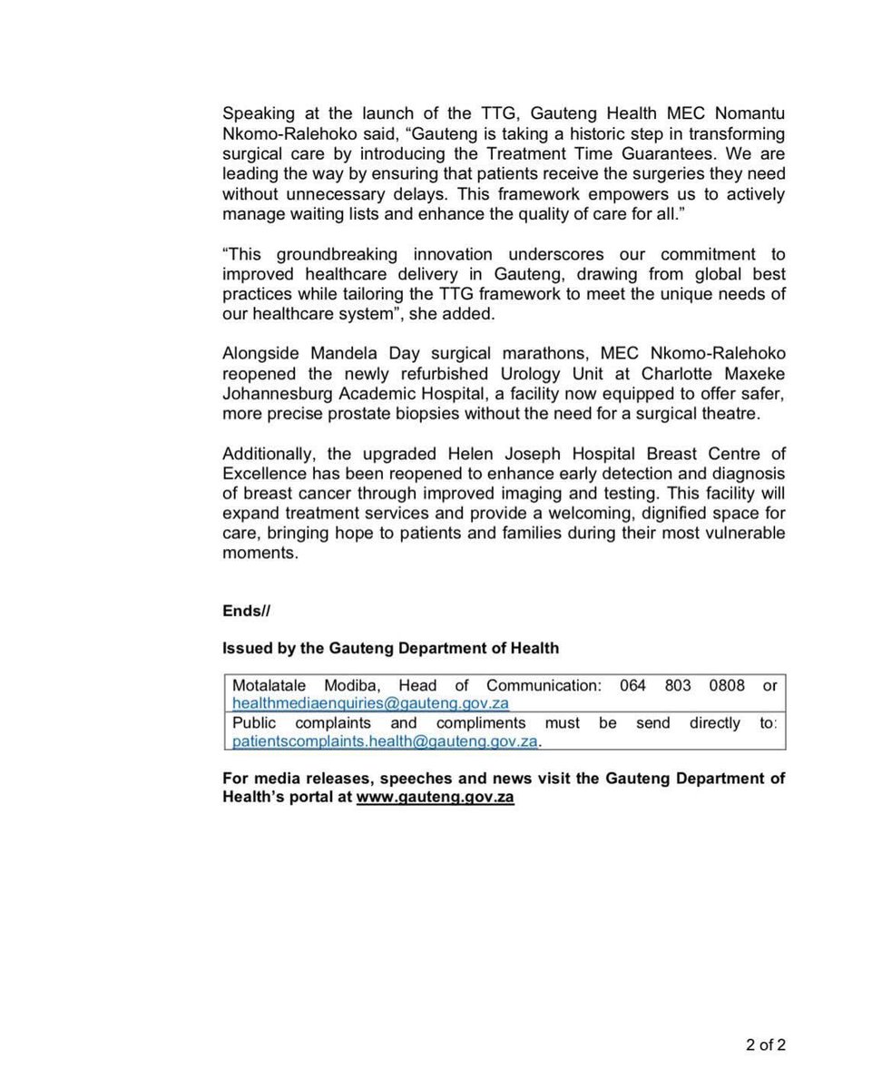 MEDIA STATEMENT || OVER 800 SURGERIES ON MANDELA DAY AS GAUTENG PROVINCE PIONEERS TREATMENT TIME GUARANTEES FRAMEWORK