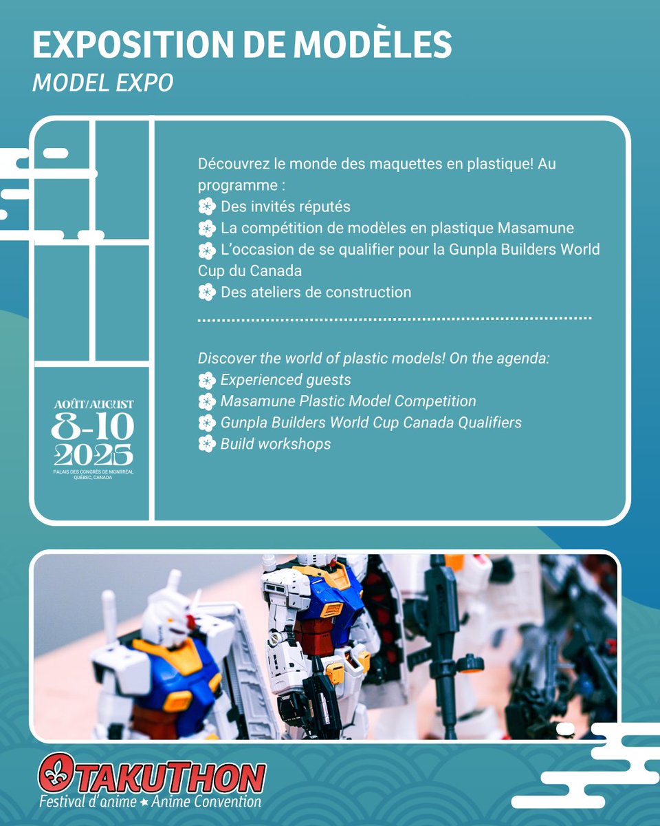 otakuthon's tweet image. 🤖 Otakuthon Model Expo 🤖
🔧 Discover the world of plastic models! On the agenda:
👨🏫 Experienced guests
🌟 Masamune Plastic Model Competition
🏆 Gunpla Builders World Cup Canada Qualifiers
🛠️ Build workshops
🔗 go.otakuthon.com/ARiQ4