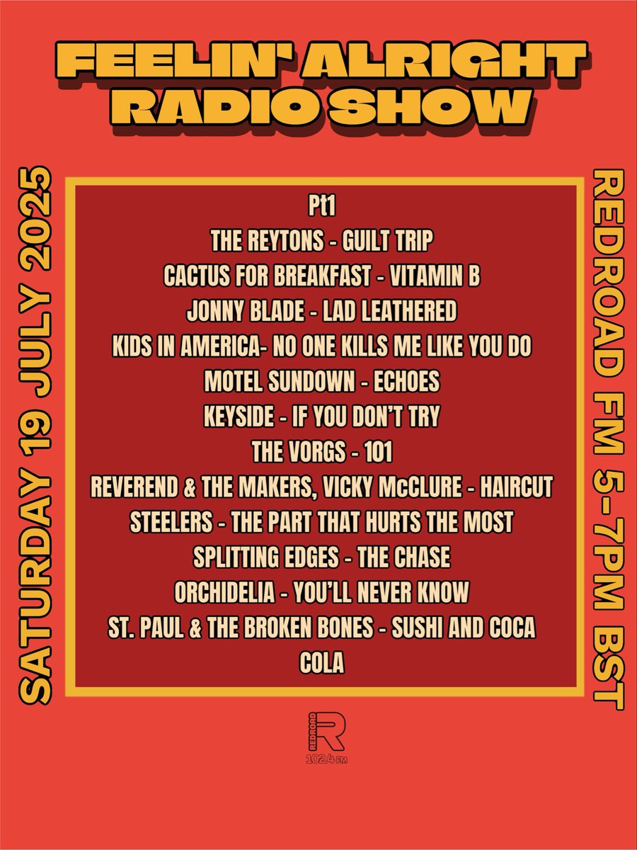FeelinAlright (@feelinpromo) on Twitter photo On today’s #feelinalrightradioshow on <a href="/RedroadFM/">Redroad FM</a> 5 - 7pm BST Pt1 <a href="/TheReytons/">THE REYTONS</a> Cactus For Breakfast
Jonny Blade <a href="/kidsinamericaUS/">Kids In America</a>
<a href="/MotelSundown/">Motel Sundown</a> <a href="/keysideliv/">Keyside</a>
<a href="/thevorgs/">The Vorgs</a> <a href="/Reverend_Makers/">Reverend&TheMakers</a> & <a href="/Vicky_McClure/">Vicky McClure MBE</a> Steelers <a href="/SplittingEdges/">Splitting Edges</a> <a href="/orchideliaband/">Orchidelia</a> <a href="/StP_BrokenBones/">St. Paul & The Broken Bones</a> #newmusic #locallist On today’s #feelinalrightradioshow on <a href="/RedroadFM/">Redroad FM</a> 5 - 7pm BST Pt1 <a href="/TheReytons/">THE REYTONS</a> Cactus For Breakfast
Jonny Blade <a href="/kidsinamericaUS/">Kids In America</a>
<a href="/MotelSundown/">Motel Sundown</a> <a href="/keysideliv/">Keyside</a>
<a href="/thevorgs/">The Vorgs</a> <a href="/Reverend_Makers/">Reverend&TheMakers</a> & <a href="/Vicky_McClure/">Vicky McClure MBE</a> Steelers <a href="/SplittingEdges/">Splitting Edges</a> <a href="/orchideliaband/">Orchidelia</a> <a href="/StP_BrokenBones/">St. Paul & The Broken Bones</a> #newmusic #locallist