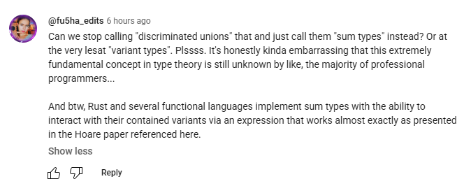 cmuratori's tweet image. Yes, we know! That's why we are so grumpy about not having them in C++. FP languages have had Hoare-style facilities forever, and we are still waiting for something equivalent in C++ (std::variant ain't it). IMO it is a fundamental programming construct that should be supported.