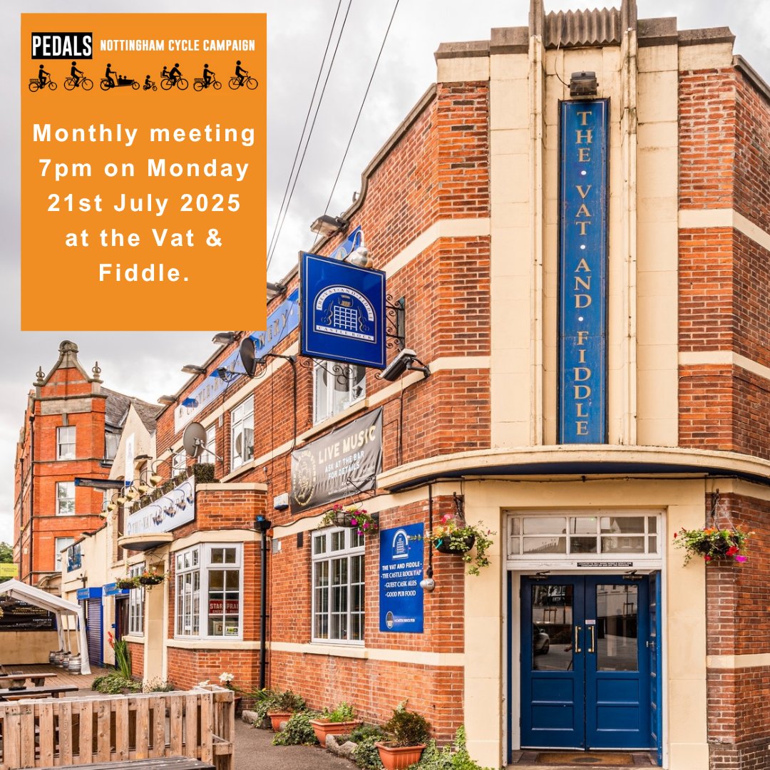 It is the Pedals monthly meeting on Monday at 7pm.  Come and join us to help the campaign to make cycling better in Nottingham.

pedals.org.uk/2025/07/16/upc…

#cycling #Nottingham