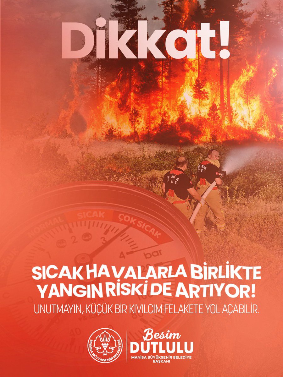 19 - 25 Temmuz tarihleri arasında Manisa’da hava sıcaklıklarının 43°C’ye kadar çıkması bekleniyor. Bu aşırı sıcaklıkların orman yangını riskini artırabileceğini unutmamalıyız. 

Tüm vatandaşlarımızdan, bu süreçte özellikle dikkatli ve duyarlı olmalarını önemle rica ediyorum.