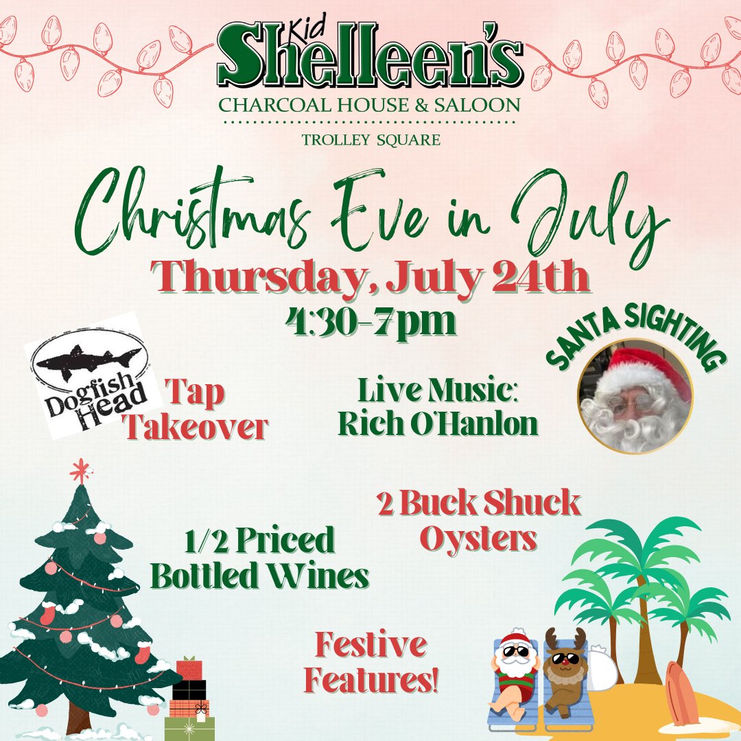 SANTA IS COMING!!!
Celebrate Christmas Eve in July with us THIS THURSDAY!!! Festivites begin at 4:30pm! Don't miss this awesome event!!!

#christmasinjuly #christmaseve #inwilm #wilmingtonde #trolleysquare #kidshelleenstrolleysquare