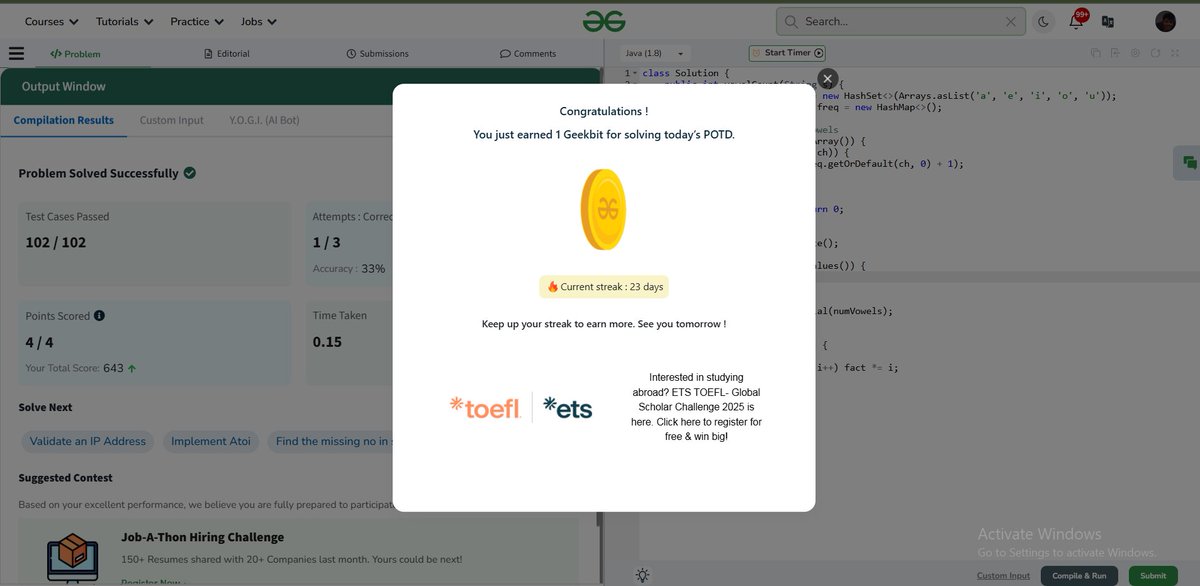 NAVEEN9044's tweet image. Geeksforgeeks potd( 19th july 2025)   
✅Count Unique Vowel Strings  #dp #memoization #SoftwareEngineering follow me 📷#LeetCode, #motivation, #geeksforgeeks, #programming, #coding, #developer, #self-improvement,#potd]