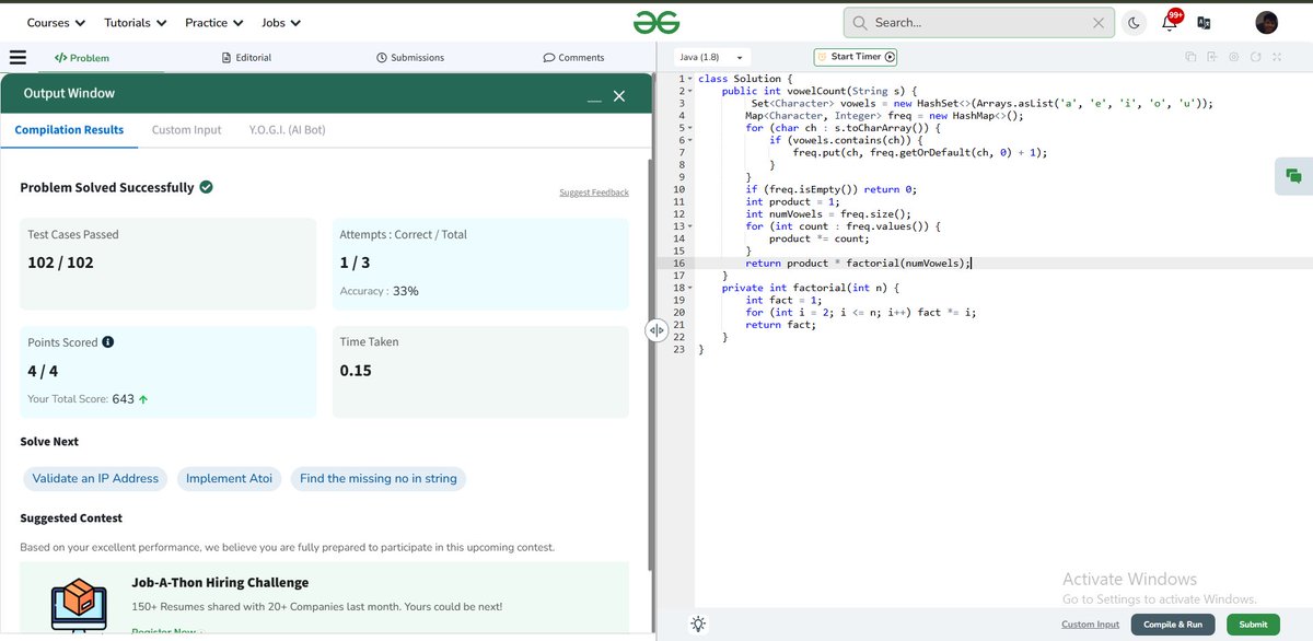 NAVEEN9044's tweet image. Geeksforgeeks potd( 19th july 2025)   
✅Count Unique Vowel Strings  #dp #memoization #SoftwareEngineering follow me 📷#LeetCode, #motivation, #geeksforgeeks, #programming, #coding, #developer, #self-improvement,#potd]