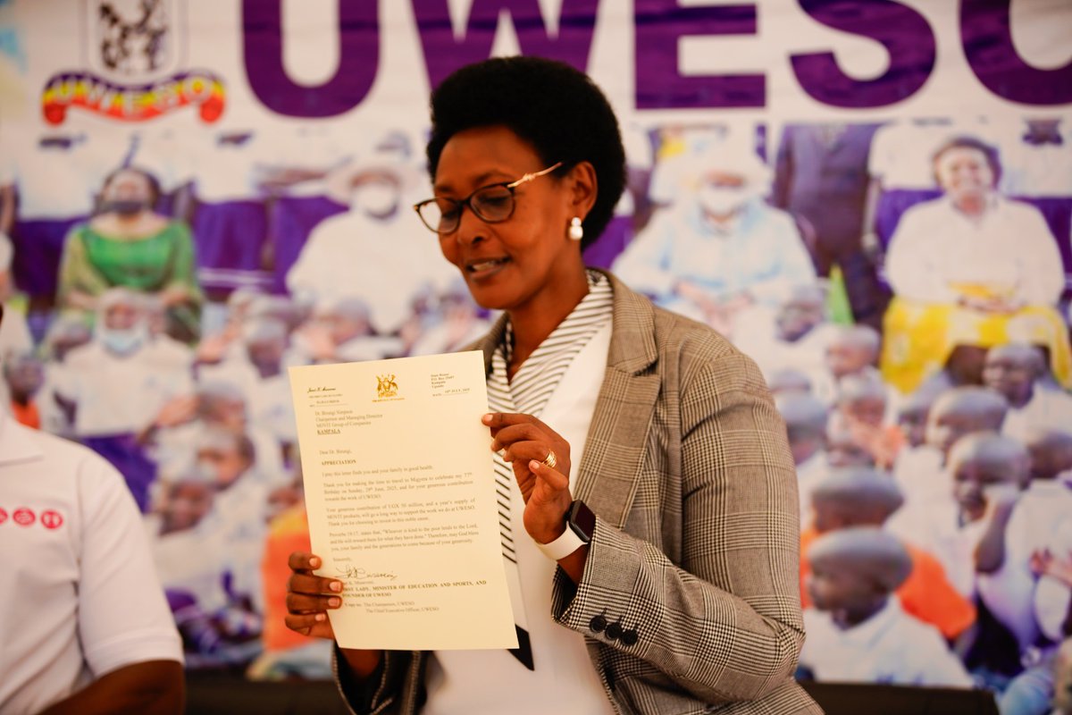UWESO1's tweet image. The First Lady, @JanetMuseveni , conveyed sincere thanks to Mr. Birungi Simpson of the @MovitFoundation for the generous donation to @UWESO1 . Her appreciation was shared through a letter delivered by @UWESO1 CEO, Mrs. @JollyKags .