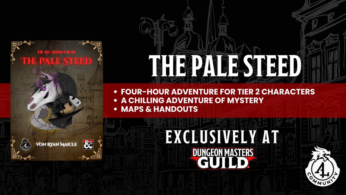 dms_guild's tweet image. The Pale Steed is a 4-Hour Adventure for Tier 2 Characters.

Get it here: tinyurl.com/42zycwth

Will you be consumed by the darkness like those before you, or will you be able to rise and shed light upon this impending doom?
#dnd5e #dungeonsanddragons