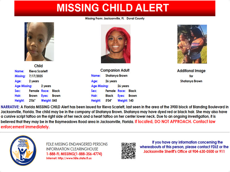 fdlepio's tweet image. 🚨PLEASE SHARE!🚨A Florida MISSING CHILD Alert has been issued for Rieva Scarlett, a black female, 2 years old, 2 feet 6 inches tall, 45 pounds, brown hair and brown eyes, last seen in the area of the 3900 block of Blanding Boulevard in Jacksonville, Florida. The child may be in…