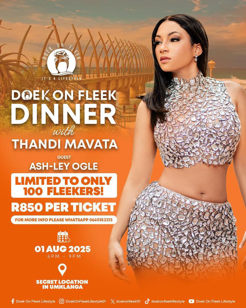 doekonfleek01's tweet image. Join us for an intimate evening of fine dining with the ever so fabulous Ashley Ogle😌
🎟️ Limited to ONLY 100 Fleekers!
📅 01 Aug 2025
📍 Secret location in Umhlanga
💸 R850 pp
Dress up. Dine in style.
computicket-boxoffice.com/e/doek-on-flee…
WhatsApp 0649352313 to pre-book your spot (48hr)