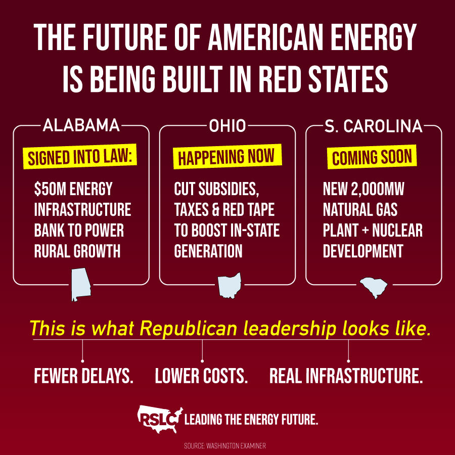 RSLC's tweet image. Republican-controlled states are enacting commonsense energy solutions that drive down costs for consumers.