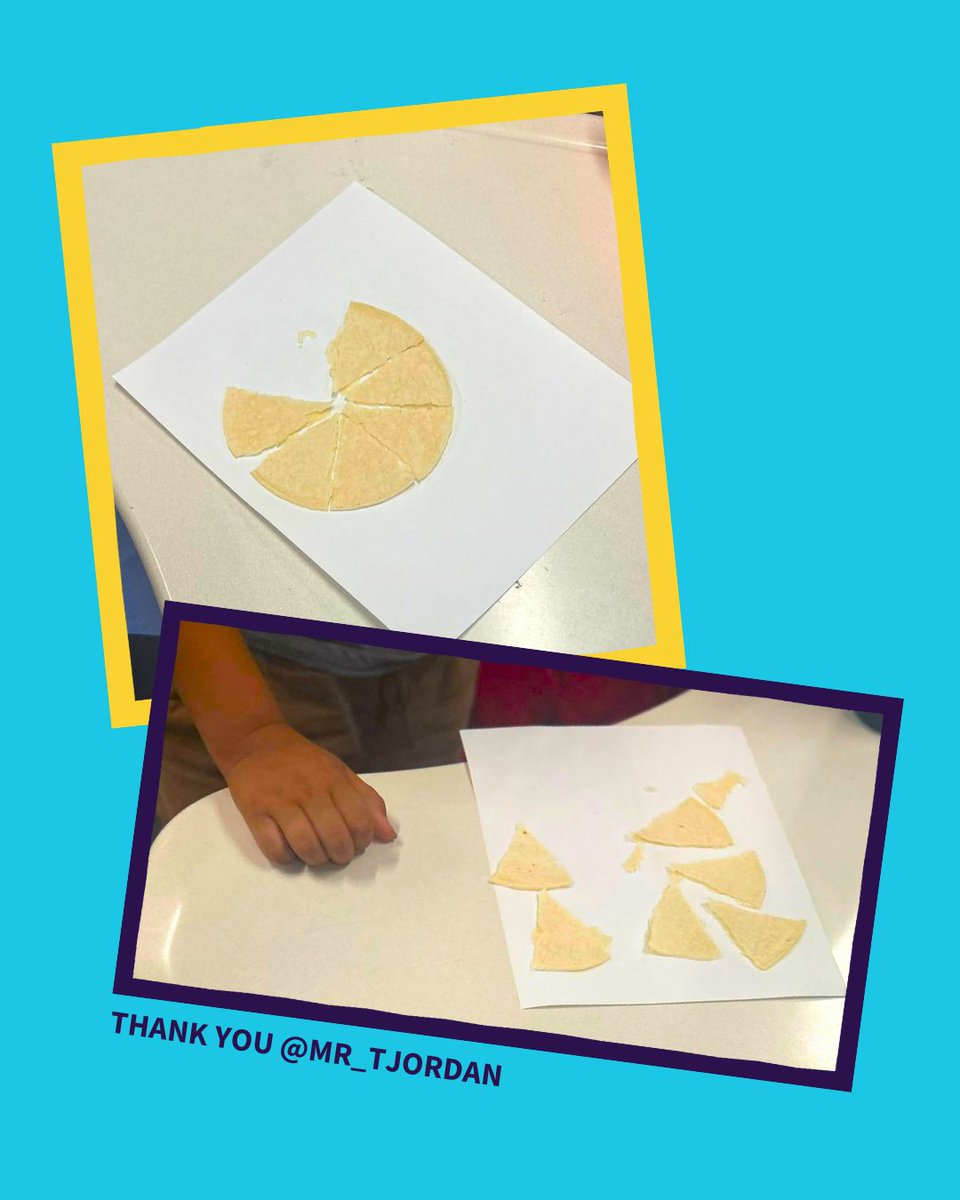 zearned's tweet image. To help his third graders get hands-on experience with fractions, @Mr_TJordan gave his students corn tortillas to practice creating equal parts!

🏠 Try this activity at home or in the classroom next fall. ⭕️