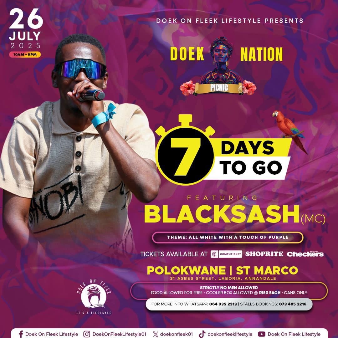 doekonfleek01's tweet image. 🎉 Polokwane!
ONLY 7 days away from the Doek Nation Picnic in St Marco Polokwane! 💃✨
📆: Saturday 26 July 2025
📍: Polokwane Cricket Club
👗: All white with a touch of Purple💜
👉Follow link to Get your tickets 🎫
shorturl.at/Il5eb
@GiftMashishi