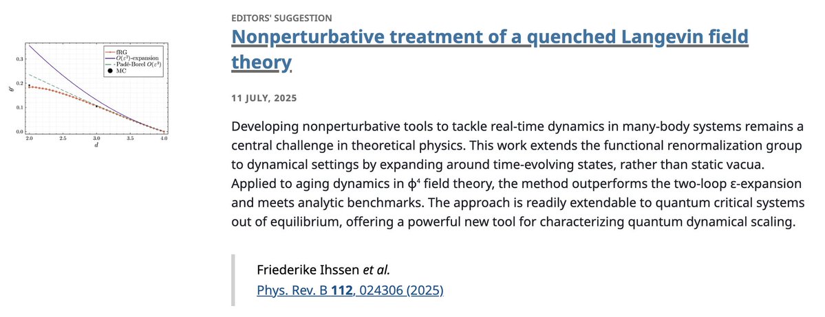PhysRevB's tweet image. PRB Editors' Suggestion: Nonperturbative treatment of a quenched #LangevinFieldTheory
Friederike Ihssen, Valerio Pagni, Jamir Marino, Sebastian Diehl, and Nicolò Defenu
Phys. Rev. B 112, 024306
➡️ go.aps.org/4kvT5uF
#EdSugg @APSPhysics #physics #condmat