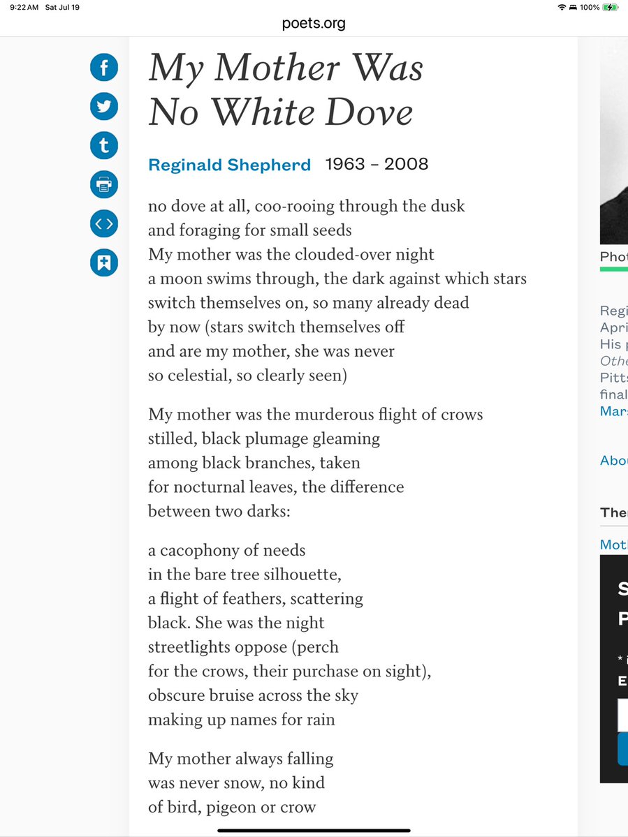 cjsarett's tweet image. Reginald Shepherd, “My Mother Was No White Dove”
My mother was the clouded-over night/
a moon swims through