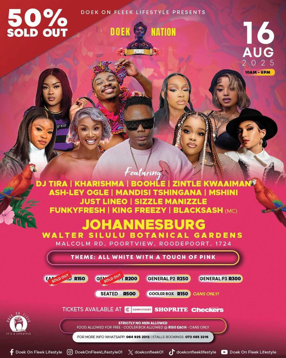 doekonfleek01's tweet image. JOHANNESBURG 📍, ARE YOU READY? 💃🏾It’s that time again!
Doek Nation Picnic - 16 August Walter Sisulu Botanical Gardens
shorturl.at/M6FT6
All White Gospel Concert - 23 August Emperors Palace
shorturl.at/9wjnT
WhatsApp 0649352313 for more info ℹ️
#doekonfleek2025