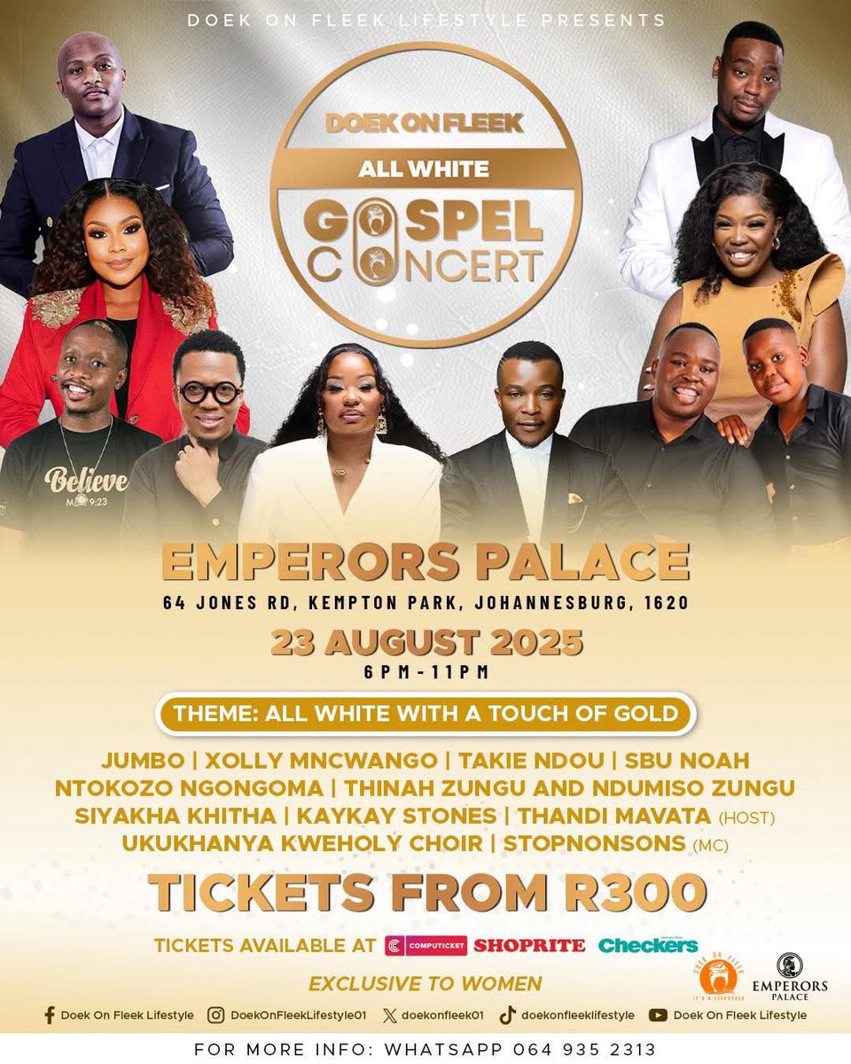 doekonfleek01's tweet image. JOHANNESBURG 📍, ARE YOU READY? 💃🏾It’s that time again!
Doek Nation Picnic - 16 August Walter Sisulu Botanical Gardens
shorturl.at/M6FT6
All White Gospel Concert - 23 August Emperors Palace
shorturl.at/9wjnT
WhatsApp 0649352313 for more info ℹ️
#doekonfleek2025