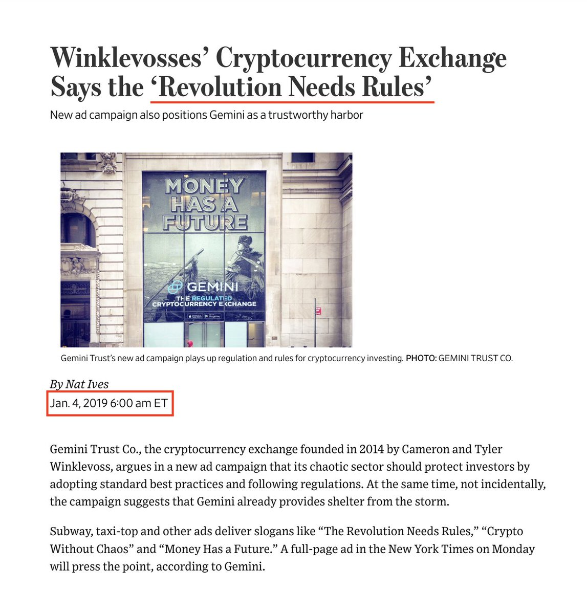 tyler's tweet image. We came in peace. The most dishonest part of the War on Crypto was the lie spun by Elizabeth Pocahontas Warren that crypto didn't want rules or regulations. Not only did we want them, @Gemini launched a multi-million dollar ad campaign in 2019 titled, "The Revolution Needs…