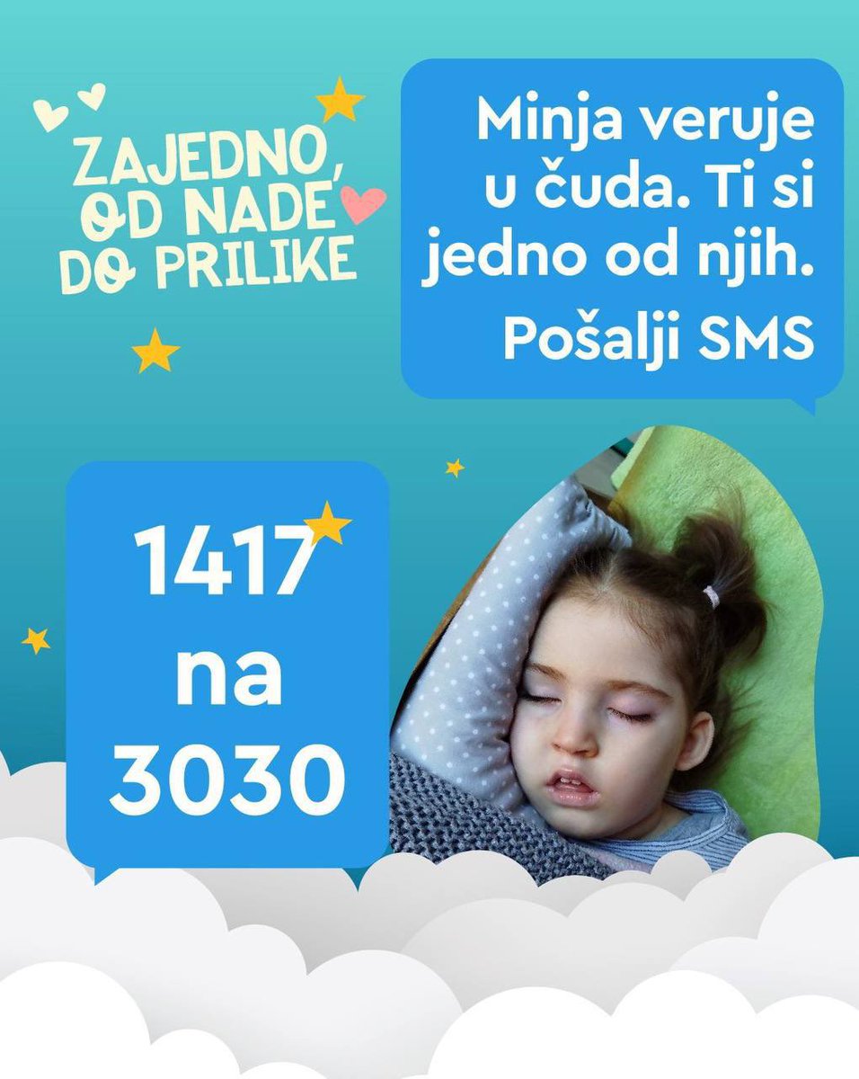 BlokadaBIO's tweet image. Devojčica Minja Lapčević boluje od retkog metaboličkog poremećaja — deficijencije ADSL. Potrebna su sredstva za razvoj genske terapije koja bi pomogla Minji i svoj deci u svetu koja boluju od ove bolesti.
Zato pošalji 1417 na 3030 💚
