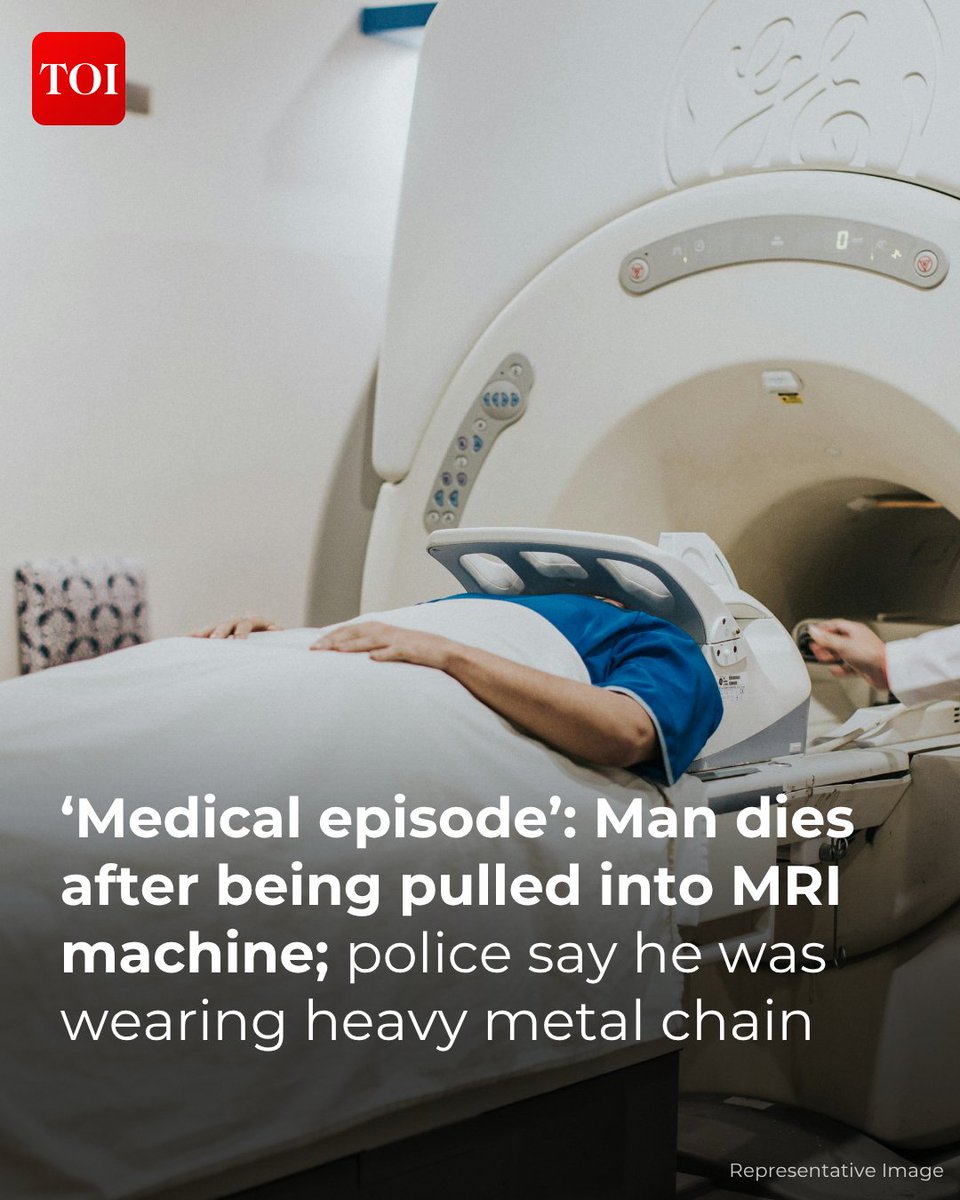 timesofindia's tweet photo. A 61-year-old man died after he was pulled into an #MRImachine while wearing a metal chain at a medical facility in #NewYork, as per report. The strong magnetic field of the machine attracted the large metallic chain around his neck, resulting in a medical episode.
Details here 🔗https://t.co/4pejnadyJO