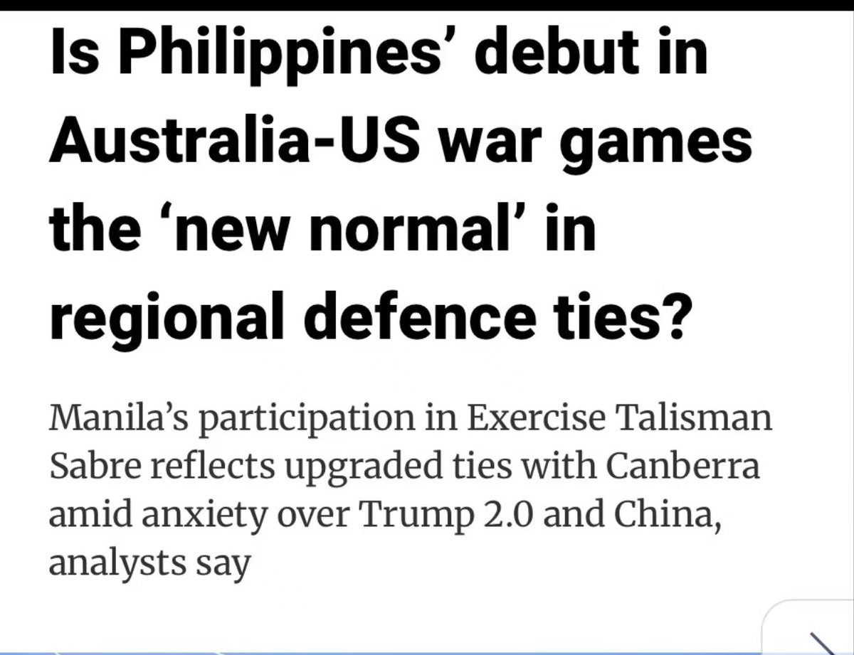 AnnaMalindogUy's tweet image. FYI: Read below;
------
The Philippines is taking part for the first time in Australia’s largest bilateral military exercises with the United States, joining thousands of troops from across the region for war games running until July 27.
Link: scmp.com/.../philippine…...