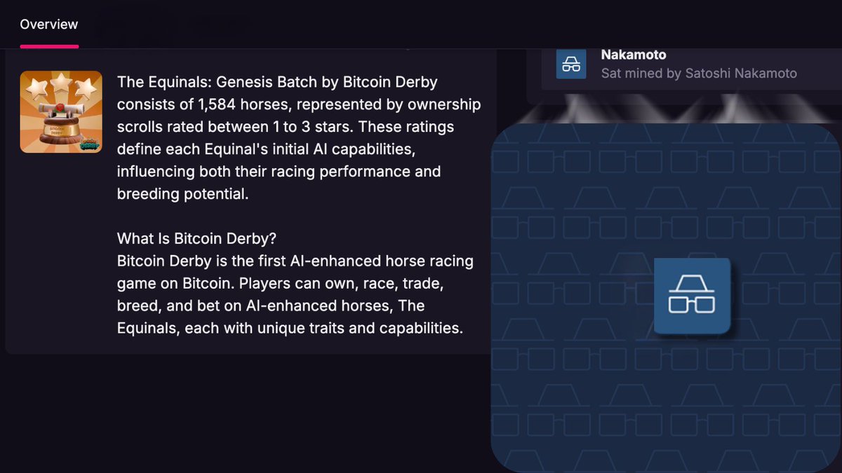 BitcoinDerby's tweet image. GM! 🧡🐎
A little curiosity about the Equinals collection: all Equinals from the Genesis Batch were minted on individual Nakamoto Sats.
Nakamoto Sats are sats that were mined by Satoshi Nakamoto himself, making them highly sought after by collectors of rare sats.
Yes... It is…