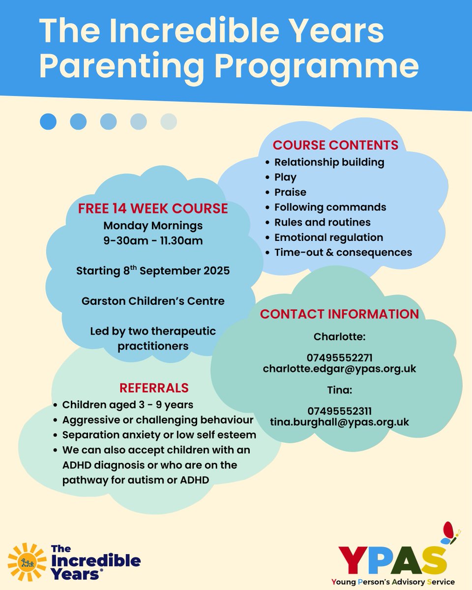 YPASLiverpool's tweet image. Incredible Years Parenting Programme
Free 14 week course starting 8th September 2025 📅
Monday's, 9-30am - 11.30am, Garston Children’s Centre 📍
#Parenting #Support #Merseyside