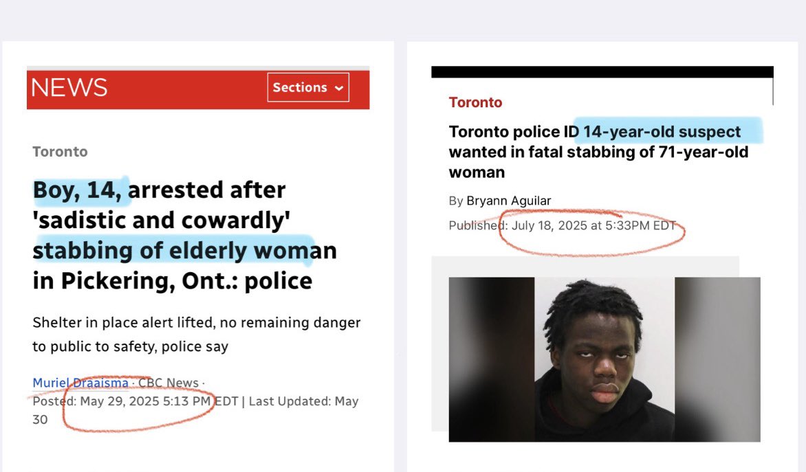 MelissaLMRogers's tweet image. May 29 - Elderly lady STABBED outside her house by a 14 yr old
July 17 - Elderly lady STABBED in a parking lot by a 14 yr old
Both unprovoked and senseless. Whatβs happening in Canada π¨π¦ and why are 14 yr old KIDS committing murder?