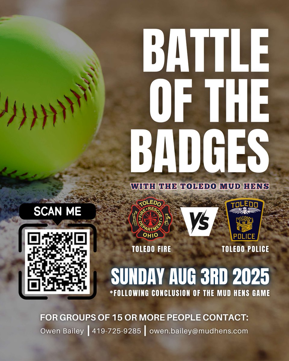 Toledo_PD's tweet image. The 2025 Battle of the Badges Softball game is Sunday, August 3, 2025! Get your tickets now for Toledo Police Department vs. Toledo Fire &amp;amp; Rescue Department.
#ToledoPolice #ToledoFire #BattleOfTheBadges #Toledo #Softball