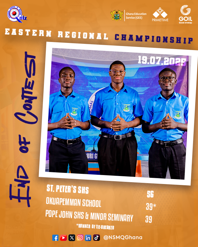 NSMQGhana's tweet photo. EASTERN REGIONAL CHAMPIONSHIP FINAL:

End of Contest

St. Peter's SHS: 56pts
Okuapemman School: 39pts*
Pope John SHS &amp; Minor Seminary: 39pts

PERSCO! PERSCO!! PERSCO!!!💯🫰🏽

*winner of tie-breaker

@Goil_Official

#NSMQ2025 #Primetime https://t.co/zmYA5YzzkC